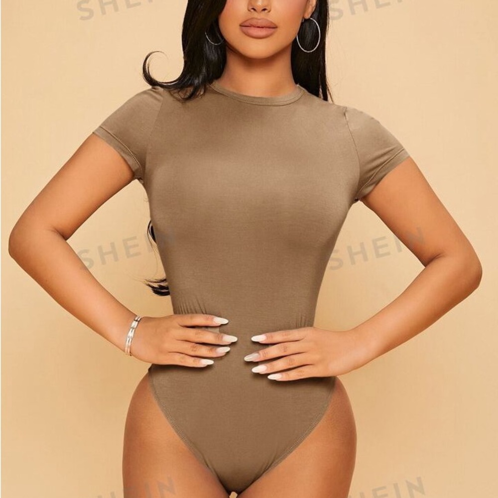Shein Brown Short Sleeve Bodysuit - Size Medium - Women's Slim Fit
